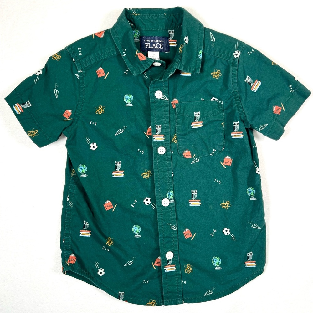 THE CHILDRENS PLACE Boys Doodle Poplin Button Up Shirt 2T Back to School Green‎